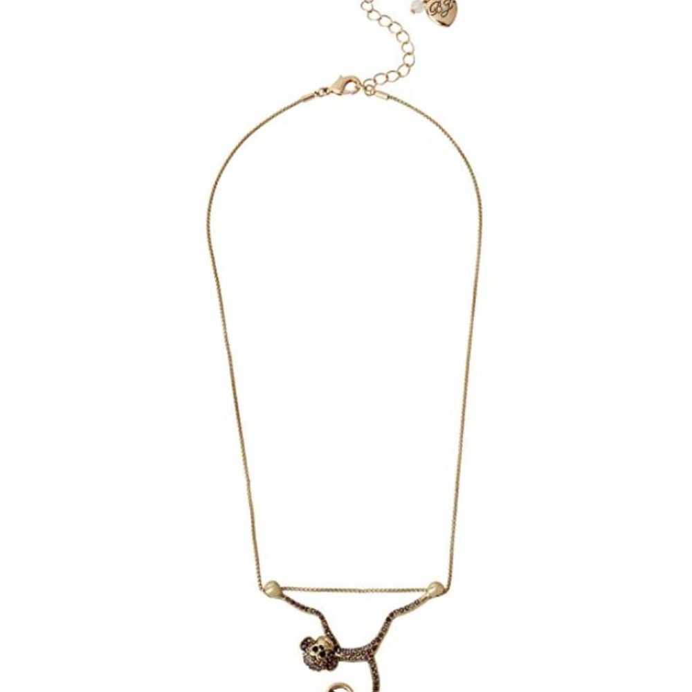 🐒 BETSEY JOHNSON | Pave Monkey Acrobat On Bar Pendant Necklace Gold Tone Chain - Picture 5 of 11